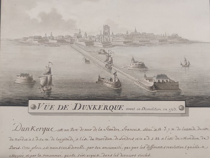 Gravure de Dunkerque depuis le chenal avant sa démolition en 1713